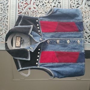 Vintage Denim vest with velvet patchwork, Size L, but fits like M.